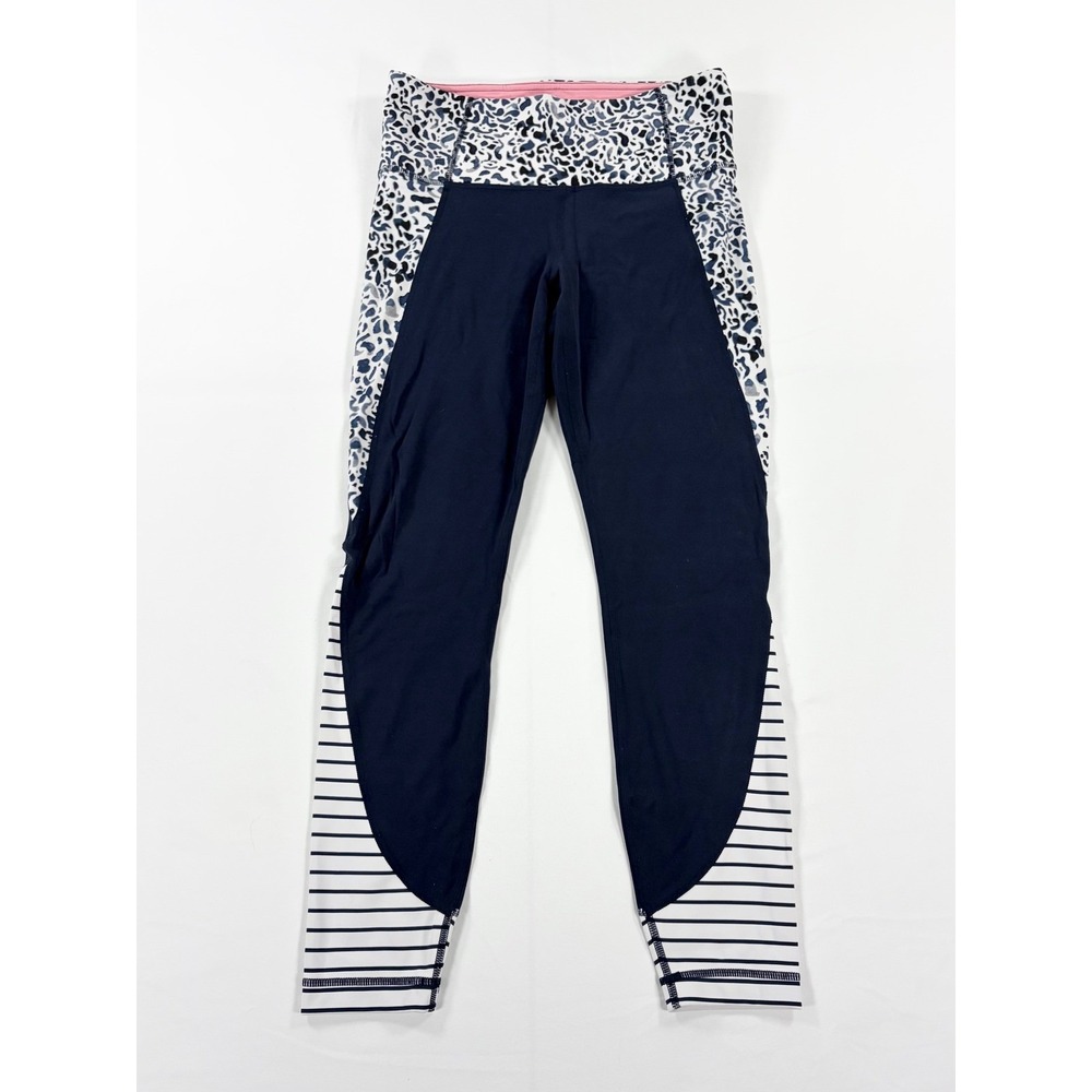 Athleta Womens S Petal Salutation 7/8 Yoga Leggings Navy Blue Leopard Stripe